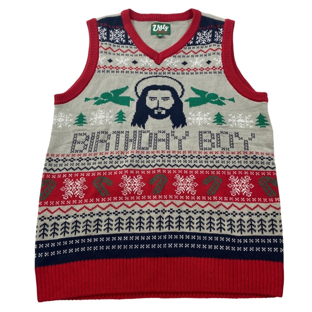 The‎ Ugly Sweater Co Jesus Birthday Boy Christmas Sweater Vest Mens XL Grey Red
